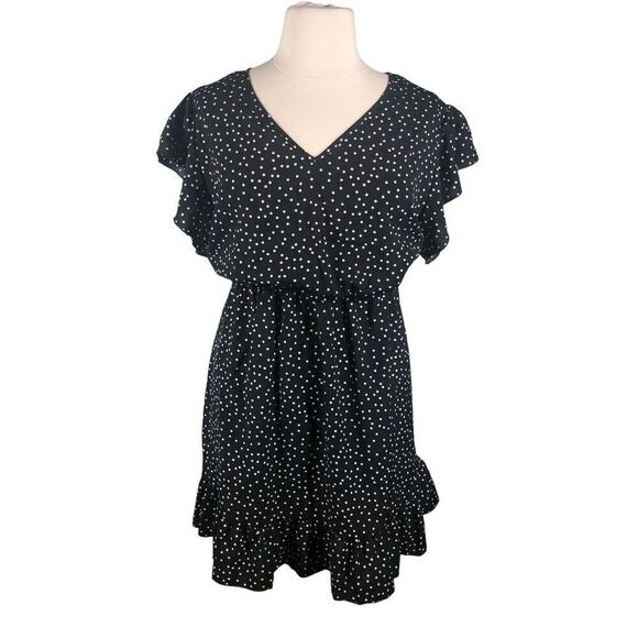 Black Polka Dot Dress Plus 4XL V Neck Flutter Blouson Lightweight Spring - Picture 1 of 11